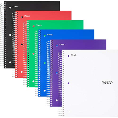 Five Star Spiral Notebooks, 3 Subject, Wide Ruled Paper, 150 Sheets, 10-1/2" x 8", Assorted Colors, 6 Pack (38406) - color: Assorted, size: Pack of 6