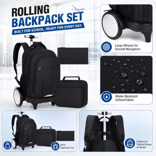 AGSDON Quiet Glide Rolling Backpack with Lunch Box Set - Large Wheel Water-Resistant Wheeled Bag for Business, Travel, and College | Black 3-in-1 Organizer Backpack - color: Reflective Black - Rolling Backpack