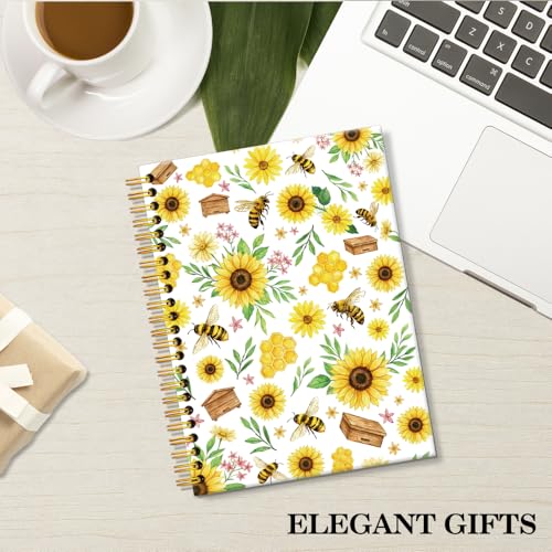 ERHACHAIJIA Sunflower & Bee Hardcover 160 Pages Lined Spiral Notebook, Funny Floral Ruled Journal for Women Flower Lover Bee Lover, Writing and Meditation Notebook Gifts, Mother's Day Birthday Gifts - color: Yellow-Brown