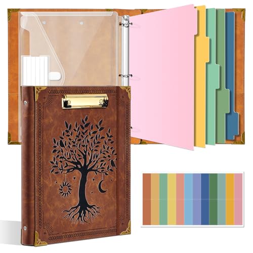 Ovesmusl 1 Inch 3 Ring Binder with Clipboard Leather Round Ring Binder with 5 Dividers, Plastic Folder, 400 Divider Stikers, Fits 175 Sheets 8.5"x11" Letter Size Paper, Tree of Life Brown - color: Brown Tree