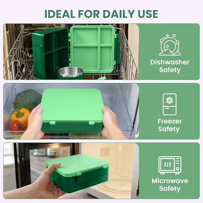 LOHASOK Bento Lunch Box Kids with 8oz Soup Thermo, Leak-Proof Lunch Containers with 4 Compartment, Thermo Hot Food Jar and Insulated Lunch Box for School Green - color: Green