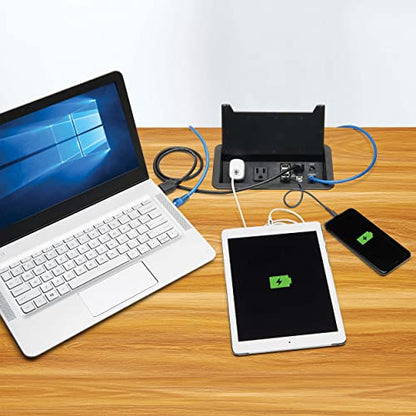 Tripp Lite in-Desk 2-Outlet Power + 5-USB Charging Dock - Phone, Ethernet & HDMI Ports for Cable Management - 4 USB-A & 1 USB-B Ports, Hinged Door, 10 ft Cord, (PS222DATAM)
