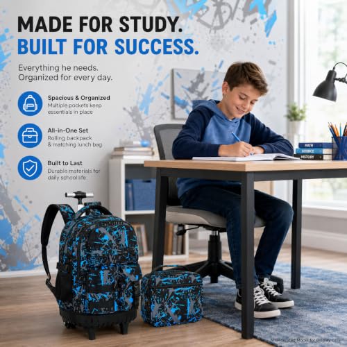 CCJPX Rolling Backpack for Boys, 3Pcs Roller Wheeled School Bookbag, Graffiti Wheels Backpacks with Lunch Box for Kids (Blue) - color: Graffiti Blue
