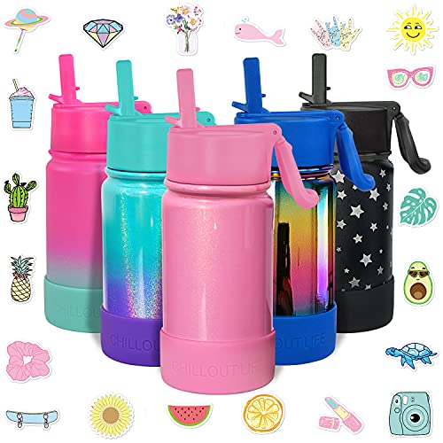 CHILLOUT LIFE 12oz Kids Insulated Stainless Steel Water Bottle with Leak Proof Straw Lid & 144 Stickers - color: Pink Sparkle, style: 12 oz