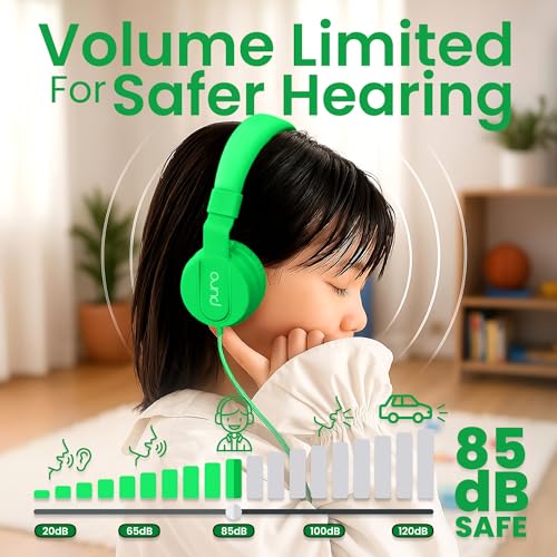 Puro Sound Labs Kids Wired Headphones – Volume-Limiting & Adjustable, Safer & Comfortable Headphones for Kids – Compatible with PCs, Smartphones & Tablets, Ideal for School & Travel – PuroBasic, Green - color: Green