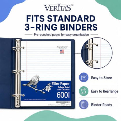 WritePads College Ruled Loose Leaf Paper, 600 Sheets Bulk Notebook Paper, 8"x10-1/2" 3 Hole Punched Filler Paper, Fits Standard 3-Ring Binder, 65lb Thick Paper, Made in USA - color: College Ruled Filler Paper, size: 4 Pack (600 Sheets)