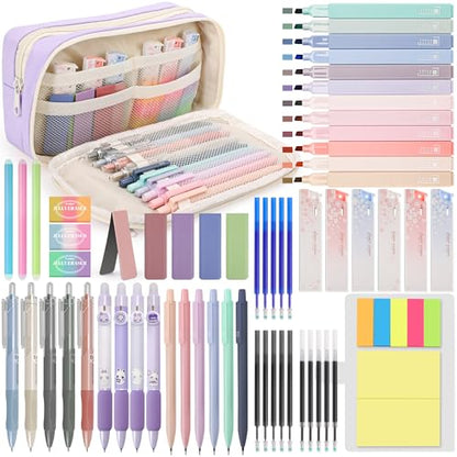 DazSpirit 61PCS Aesthetic College School Supplies Set with Cute Pencil Case | Pastel No Bleed Highlighters, Gel & Erasable Pens, Mechanical Pencils, Refills & Sticky Notes, Complete Stationery Kit - color: Purple