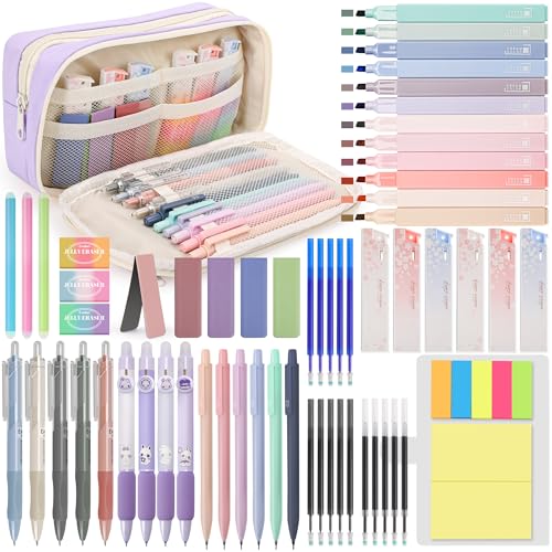 DazSpirit 61PCS Aesthetic College School Supplies Set with Cute Pencil Case | Pastel No Bleed Highlighters, Gel & Erasable Pens, Mechanical Pencils, Refills & Sticky Notes, Complete Stationery Kit - color: Purple