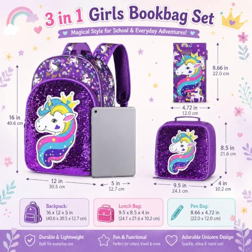 gxtvo 3PCS Girls Backpack, 16" Sequin Prechool Elementary Bookbag and Lunch Box - color: Unicorn Purple Hw