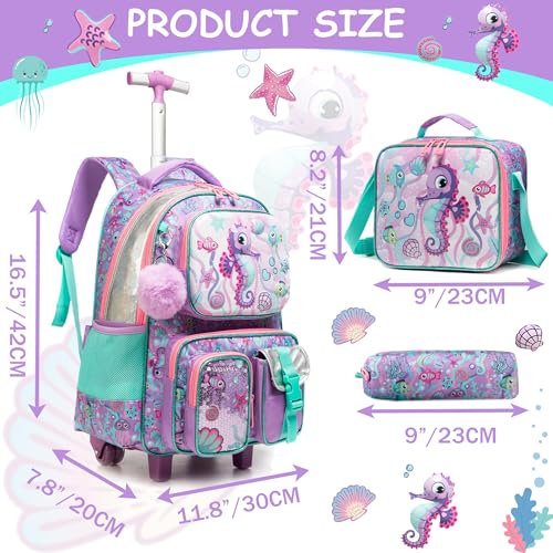 Meetbelify Kids Rolling Backpack with Wheels for Girls Rolling Backpacks with Lunch Box for Elementary School Students 3 in 1 Travel Luggage Suitcase for Girls Age 8-10 - color: Girl 03
