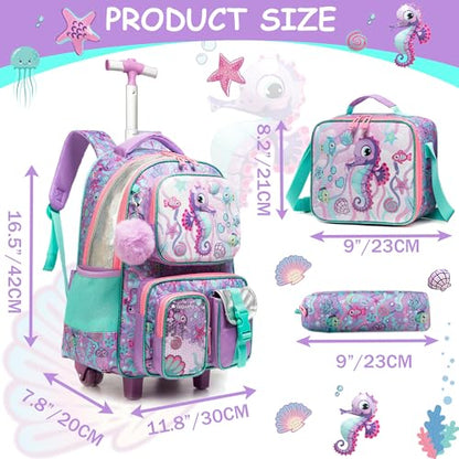 Meetbelify Kids Rolling Backpack with Wheels for Girls Rolling Backpacks with Lunch Box for Elementary School Students 3 in 1 Travel Luggage Suitcase for Girls Age 8-10 - color: Girl 03