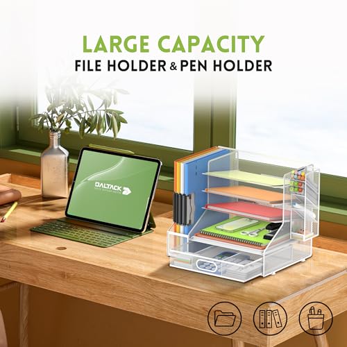 5-Tier Desk Organizer with File Holder & Pen Holder & Sliding Drawer, White | Mesh Metal Paper Letter Tray for Papers, Mail, Office Supplies, and Desk Accessories - color: White