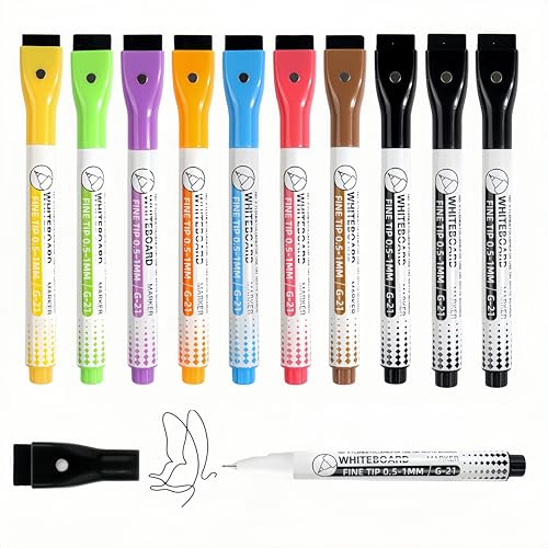 0.5mm Ultra Fine Point Dry Erase Markers,Dry Erase Markers Fine Tip,10 Colors Whiteboard Markers with Magnetic Eraser,Small Font Writing for Calendar Notebook Note Padg (Multicolor)