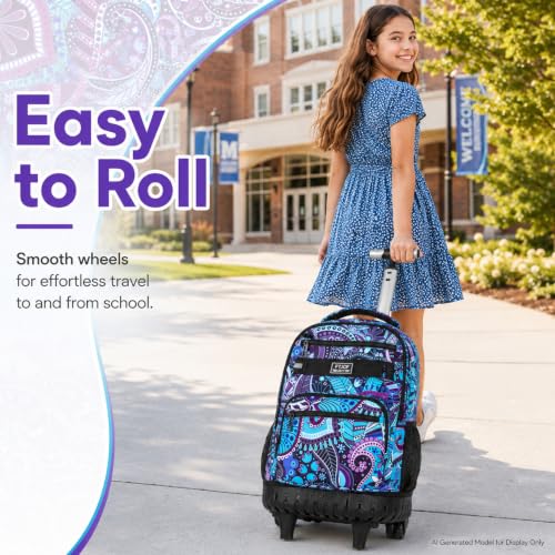 gxtvo Rolling Backpack for Women, Adults Wheeled Bookbag with Lunch Box for Girls, Water Resistant Roller School Bag for College Teens Kids Travel - Purple Flower - color: Purple Flower