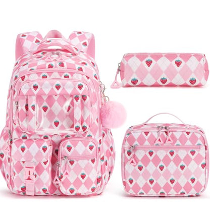 Fimibuke Kids Backpack for School Girls, 3Pcs Waterproof Girls Backpack with Lunch Box & Pencil Pouch - Lightweight Bookbag for Elementary Middle School Student Teens Ages 6+ Pink Strawberry - color: B2.pink Strawberry Plaid
