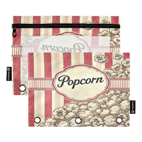 Popcorn Vintage Red Pencil Pouch for 3 Ring Binder Pencil Pouches with Zippers Clear Window Binder Pockets Pencil Bags for Work Daily Office Adults 2 Packs - color: Multicolored-popcorn Vintage Red