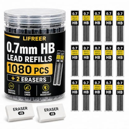 0.7 Lead Refills (1080 Pcs), Unbreakable 0.7 mm Lead Refills and 2 Premium Erasers, Long Lasting HB Pencil Lead 0.7 Refill,Mechanical Pencil Lead 0.7mm for Students & Professionals - style: 0.7 lead refills