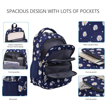 Glodwheat Daisy Printed Backpack For Girls- 3Pc Set With Lunch Box & Pencil Case, Lightweight Water-Resistant Bookbag For Elementary School - color: Navy