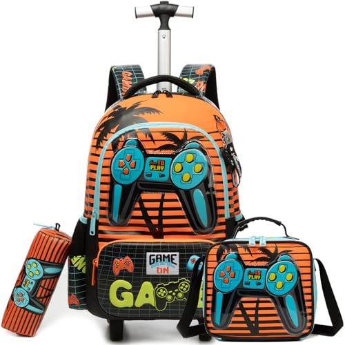 Kids Rolling Backpack for Boys Game Controller Trolley Suitcases Luggage with Wheels Bookbag Wheeled 3pcs Preschool Students Elementary Teenagers Lunch Box Pencil Case Yellow for Age 5-10 - color: Yellow-0201-shoubing