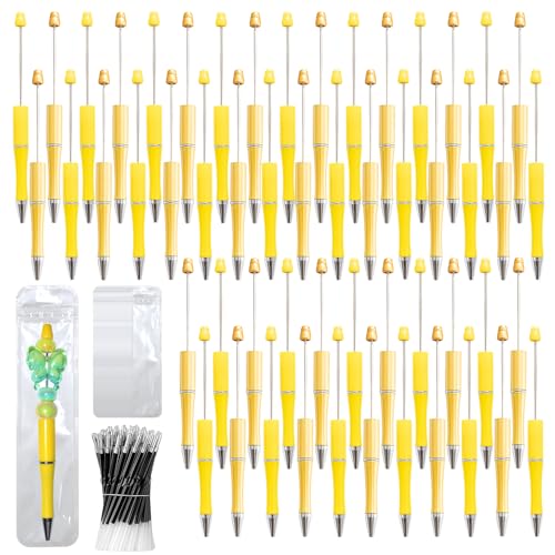 300 Pieces DIY Beadable Pens Kit - 100 plastic Beadable Pens Bulk, Refills & pen bags Included - Beaded Pens Black Ink Ballpoint Cute Pens for Students Teacher（Yellow+Golden） - color: Yellow, size: 100