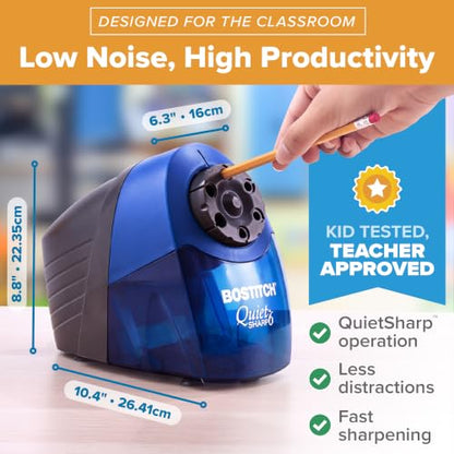 Bostitch Office QuietSharp Electric Pencil Sharpener, Heavy Duty Classroom or Office Use, with 6 Size Options, Blue - color: Blue