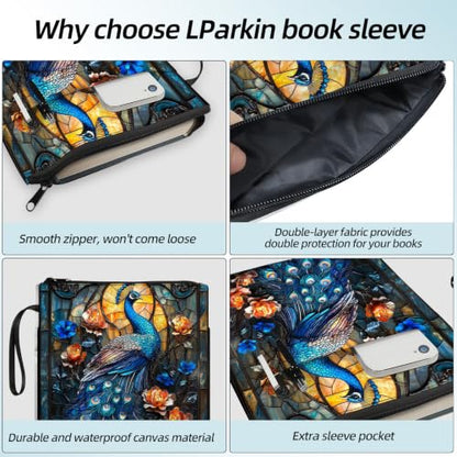 Padded Book Sleeve with Zipper & Front Pocket, Fabric Book Cover | Stained Glass Peacock Bird11.4"x8.7" Washable Canvas Pouch for Hardcovers, Tablets & Reading Accessories - color: Stained Glass Peacock Bird