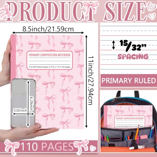 Gueevin 6 Pack Pink Bow Primary Composition Notebook with Picture Space Bulk for Grades K-2 110 Page 8.5 X11'' Half Primary Journal K-2 Drawing Story for Back to School First Day of School - style: Pink Bow