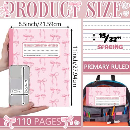 Gueevin 6 Pack Pink Bow Primary Composition Notebook with Picture Space Bulk for Grades K-2 110 Page 8.5 X11'' Half Primary Journal K-2 Drawing Story for Back to School First Day of School - style: Pink Bow
