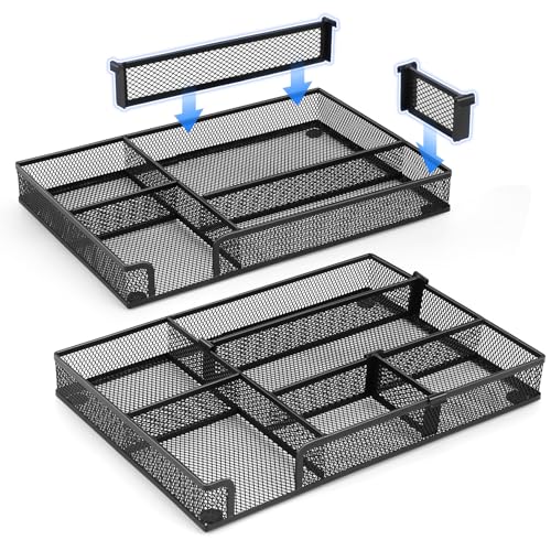 Desk Drawer Organizer, 2 Pack Junk Drawer Organizer Tray with 2 Adjustable Compartments, Desktop Metal Mesh Office Desk Organizer, Multifunction Pen Organizer Set for Office School Makeup Supplies (2)