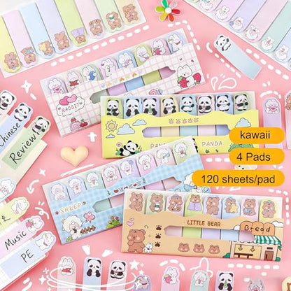 4 Pads Cute Cartoon Self-Stick Index Tabs Sticky Note Tabs Page Flags Bookmarks Mini Sticky Note Paper Page Markers Stickers for Students Books File Notebooks，120 Sheets/pad