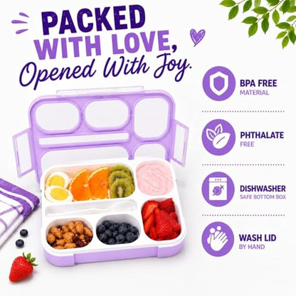 kinsho Bento Box for Kids Women - 6 Compartment, Leak-Proof Lunchbox for School, Portion Control & Meal Prep Containers, Reusable, BPA-Free Snack Container - Includes Utensil Set & E-Book, Purple - color: Lilac
