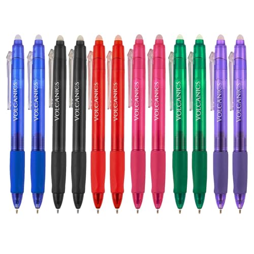 Volcanics Clicker Erasable Gel Pens, 12 Pack, 6 Colors, 0.7mm Fine Point | Retractable Gel Ink Pens Erasable Bright Colors And Fine Point Writing For Home, Office And Daily Use - color: Multicolor