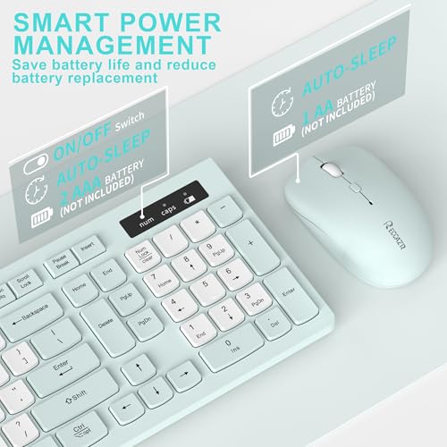 Silent Keyboard and Mouse Combo Wireless,ful-Sized Wireless Keyboard and Adjustable DPI Mouse, 2.4GHz USB Receiver, Keyboard and Mouse for PC, Windows, MAC, Desktop, Laptop (Mint Green-B) - color: Mint Green and white-B