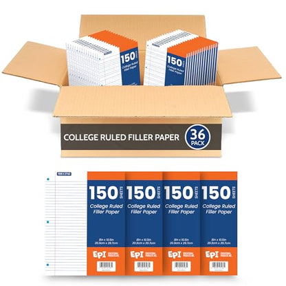 EPI Filler Paper | College Ruled | Loose Leaf, 3-Hole Punched, 10.5 x 8 in, 150 Sheets | School, Office, Notes, Binder Refill - 36 Pack - color: College Ruled, size: 36 Pack
