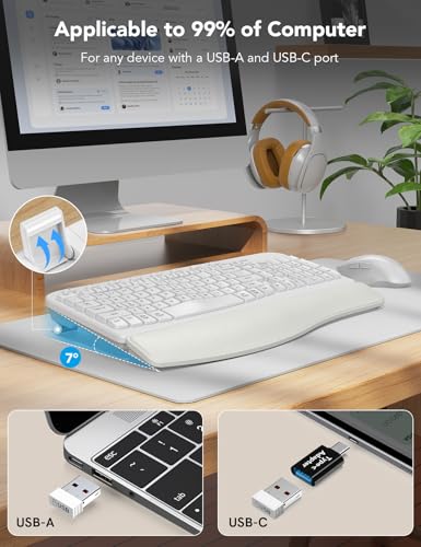 SABLUTE Wireless Keyboard and Mouse Combo with Ergonomic Wave Key | Leather Soft Palm Rest, 2.4G Full Size, 6-Button Mouse, 4-Level DPI, USB-A/C, MA12 Set for PC, Laptop, Windows, macOS (White） - color: Cloud White