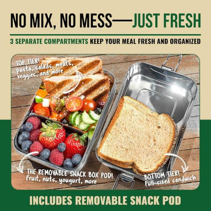 Stackable Stainless Steel Bento Box for Adults, 6 Cup with Snack Pod | Crack-Resistant, Secure Locks, Eco-Friendly Lunch Container for Work, Office & Travel
