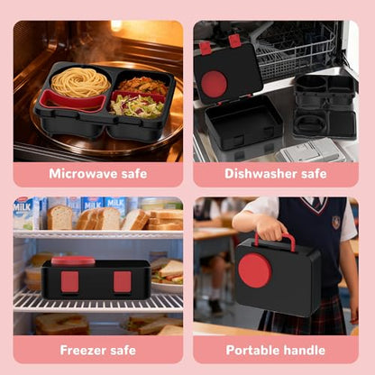 Bento Box for Kids, Leakproof Kids Bento Lunch Box Container with 8oz Insulated Thermo Food Jar, Sauce Jar, Utensil, DIY Stickers for School Boys Girls, 3-4 Compartments, BPA-Free - color: Black Red