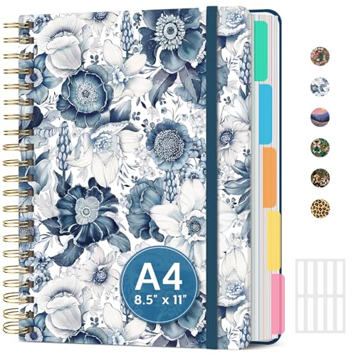 Large Spiral Notebook with Dividers & Tabs, 8.5" x 11" Hardcover 5 Subject Notebook for Work, 280 Pages, College Ruled, Cute Journal for Women, Perfect for Study & Office Note Taking, Blue Floral - color: C-Blue Floral