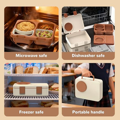 Bento Box for Kids, Leakproof Kids Bento Lunch Box Container with 8oz Insulated Thermo Food Jar, Sauce Jar, Utensil, DIY Stickers for School Boys Girls, 3-4 Compartments, BPA-Free - color: Beige