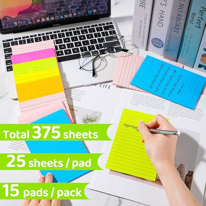 Lined Sticky Notes 4 x 6 Inches, 15 Pads, 375 Sheets Total, 7 Bright Colors, Self-Stick Note Pads with Strong Adhesive, Large Rectangular Sticky Notes for Office, Home, School & Meetings - size: 4x6 in