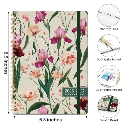 Planner 2026-2027, Academic Planner Weekly and Monthly, Jul 2026 - Jun 2027, Spiral Bound School Planning Tool with Tabs and Pocket, Perfect for Students & Teacher, 6.3" x 8.5", Iris Peony - color: O-Iris Peony, size: 6.3"x8.5" (A5)