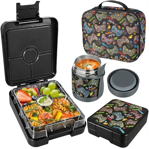 Pawtong Bento Lunch Box Set With 10oz Soup Thermo, Leak-proof Lunch Containers with 4 Compartment, Kids Hot Thermo Food Jar/Insulation Lunch Bag, Food Containers for School (Black-Games) - color: Black-Games