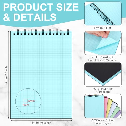 Engrowtic 6 Pack Graph Paper Spiral Notepad A5 Top Wirebound Notepad Grid Notebook Steno Pad Memo Notebook Grid Paper 140 Pages for Writing Sketching Drawing Office Supply(Black (internal Mixed)) - color: Black(internal Multicolor)
