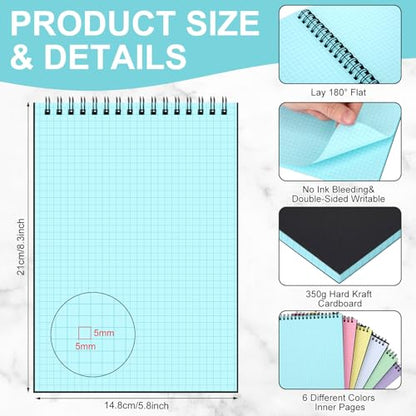 Engrowtic 6 Pack Graph Paper Spiral Notepad A5 Top Wirebound Notepad Grid Notebook Steno Pad Memo Notebook Grid Paper 140 Pages for Writing Sketching Drawing Office Supply(Black (internal Mixed)) - color: Black(internal Multicolor)