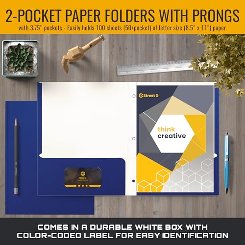 Better Office Products Blue Paper 2 Pocket Folders with Prongs, 50 Pack, Matte Texture, Letter Size Paper Folders, 50 Pack, with 3 Metal Prong Fastener Clips, Blue - color: Blue