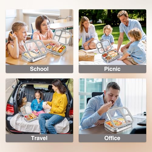 HOMEKOL Stainless Steel Bento Lunch Box, Grey, 3.3Cups | 3-Compartment,Leak-Proof, for Kids & Adults, BPA-Free, Dishwasher Safe, Clear Tritan Lid, 800ml (Not Insulated) - color: Gray, size: 27oz (800ml)