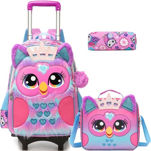 Meetbelify Girls Cute Backpack with Wheels for Elementary Students Kids Black Travel Luggage - color: Owl