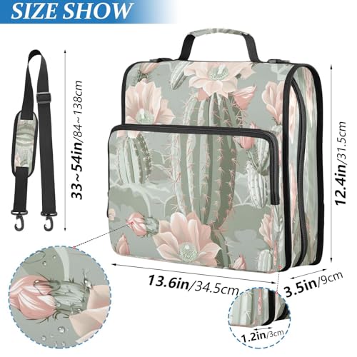 Cactus Flower Zipper Binder 3 Ring with Shoulder Strap and Handle Multiple Pockets Expanding File Folder Organizer