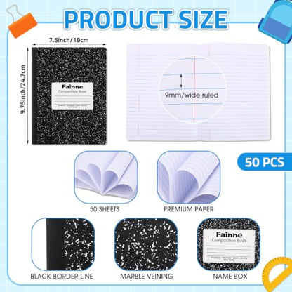 Fainne 50 Pack B5 Composition Notebooks Bulk Wide Ruled 100 Pages Composition Book 7.5 x 9.8 Inch Marble Cover Journal Notebooks for College Office Back to School Supplies(Black) - color: Black