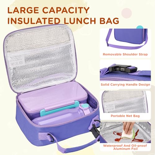 MAISON HUIS Bento Box for Kids with 8oz Soup Thermo, Insulated Lunch Bag & 17oz Water Bottle, 2-Compartment Bento Box with Built-In Ice Pack, Leak-Proof & BPA-Free (Purple) - color: Purple